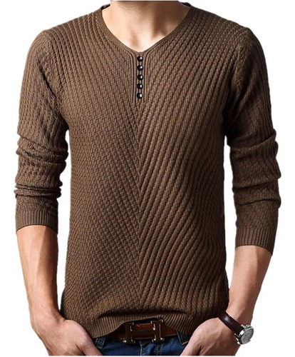 Suéter De Cachemir Para Hombre Con Cuello Henley, Suéter Nav