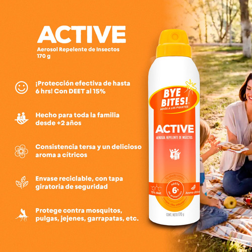 Repelente De Insectos En Aerosol Bye Bites Active Protección 6 Horas 15% Deet 170g
