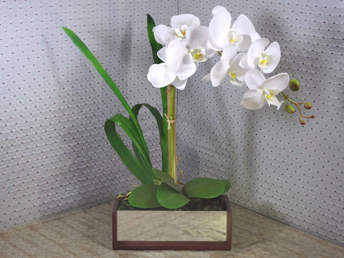 Arranjo Artificial Orquídea Vaso De Vidro Espelho E Madeira