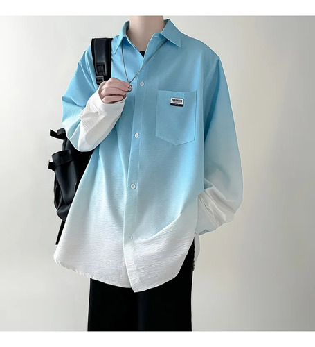 Camisa De Manga Larga Degradada, Corte Holgado Casual Para H