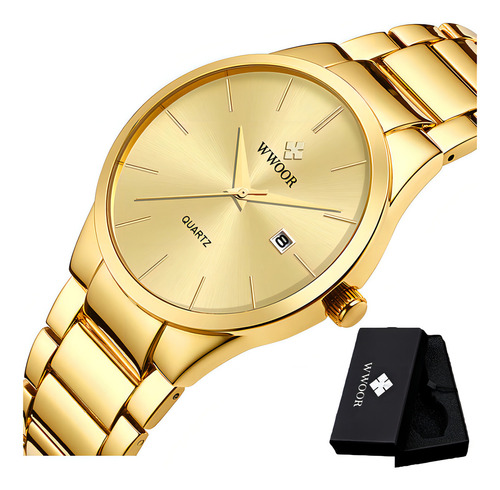 Relojes de cuarzo inoxidable Wwoor 8875 Calendar con correa dorada