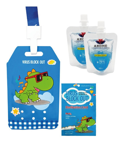 2 Gel Antibacterial De Bolsillo + Tarjeta De Esterilizacion Fragancia Neutra Dinosaurio