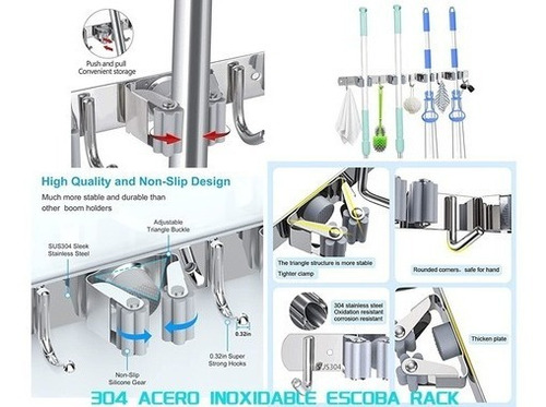 Imagen 4 de 5 de 304 Acero Inoxidable 5 Clips 6 Ganchos Escoba Rack Organizad