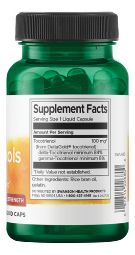 Swanson Suplemento de Tocotrienols Doble potencia 100 Mg por cápsula 60 cápsula sin sabor