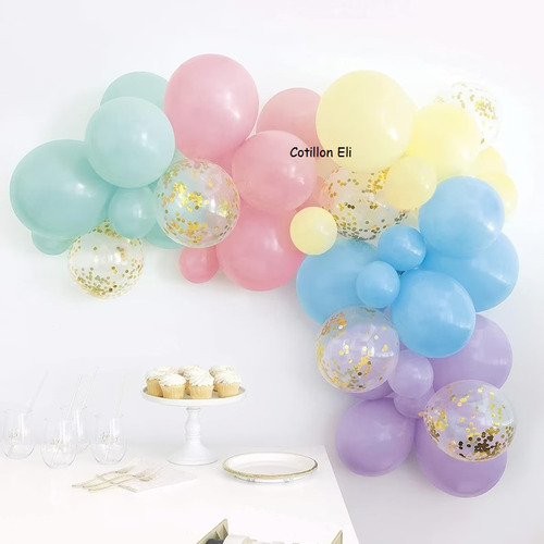 Combo Arco Globos Arco Iris Pastel Confetti Rosa Celeste