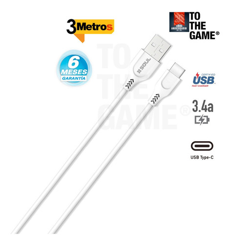Imagen 2 de 4 de Cable Tipo C Largo 3 Metros Carga Ultra Rapida 3.4 Amper Box