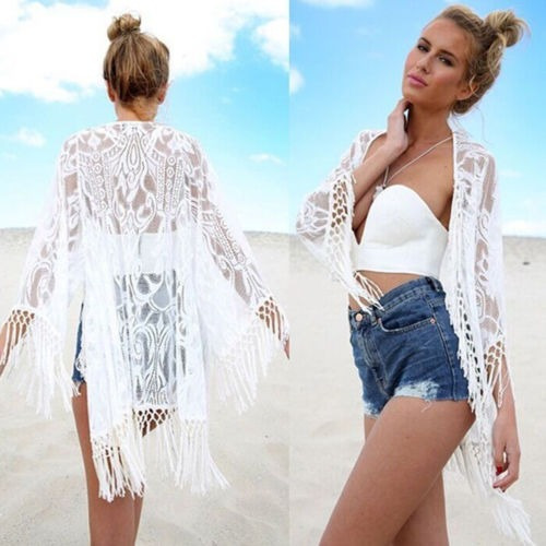 Mujeres Borla Encaje Kimono Chaqueta Boho Playa