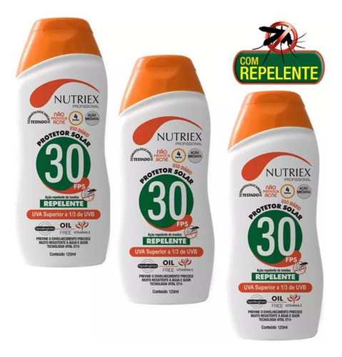 Kit 3 Protetor Bloque Solar C/repelente Fps30 Nutriex 120ml