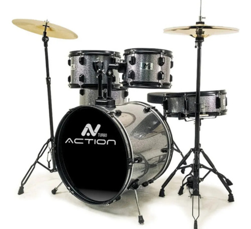 Bateria Acustica Turbo Action Completa Bumbo 22 Silver Prata