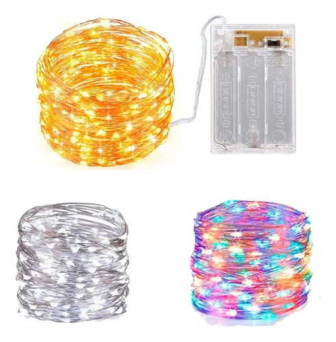 Fio Fada Cobre Prata Cordão Luz Amarela  3m 30 Leds Pilha