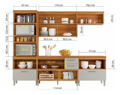 Cozinha Modulada 4 Peças Ripado Torre Quente Princesa Mdf Cor Freijo com Off White