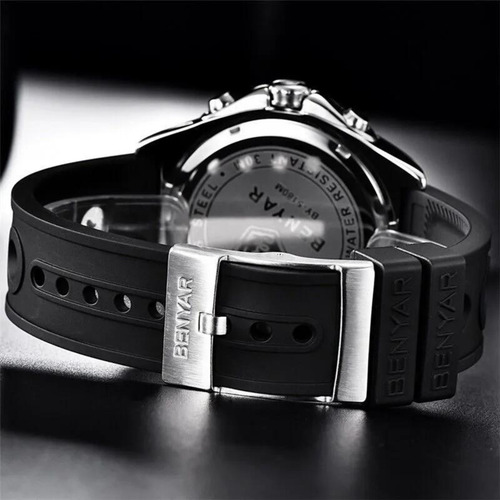 Reloj Benyar Para Hombre, Con Malla De Silicona, Cronógrafo Correa Negro Bisel Plateado Fondo Blanco