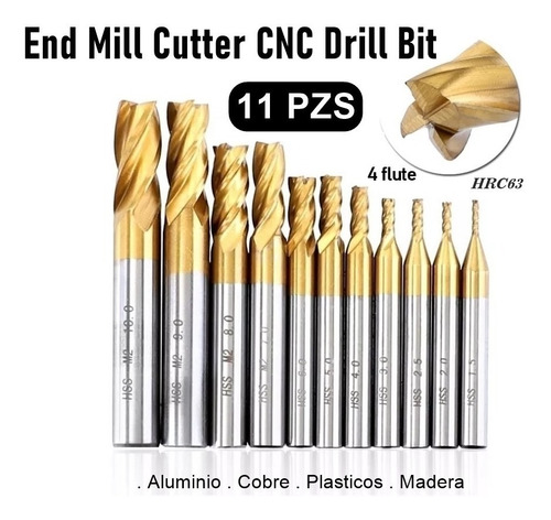 Kit 11 Brocas Router Cnc Fresa 4f Hss Hrc63 Metal Madera