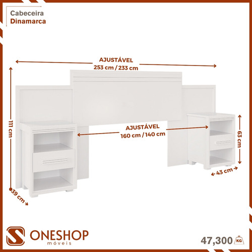 Cabeceira De Cama Ajustavel Queen Casal Com Criado Mudo 100% Mdf Gavetas Dinamarca Branco