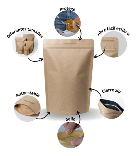 Imagen 2 de 7 de 50 Bolsa Stand Up Pouch Con Cierre Papel Kraft De 50 Grs
