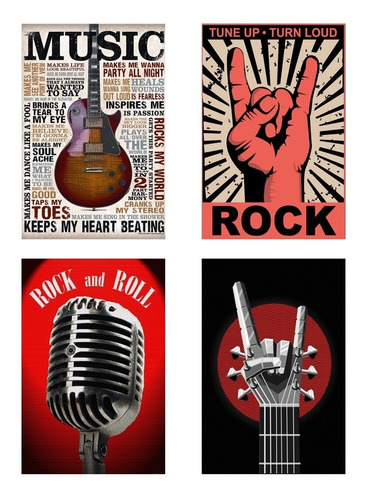 4 Cuadros Metalicos,  Pack De 4 U. Rock  Musica 40x28 