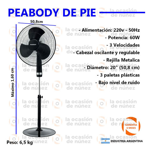 Ventilador De Pie Peabody 60w Altura Regulable 3 Velocidades