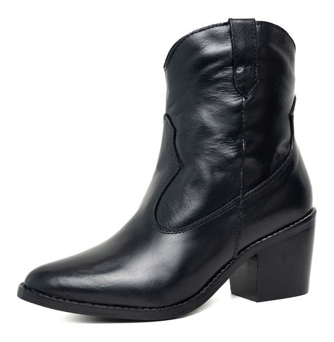 Bota Western Texana Bico Fino Cano Curto Couro Preta Feminin