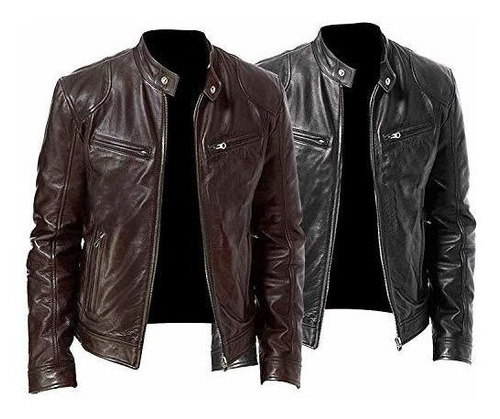 Chaqueta De Cuero Marrón Estilo Café Racer