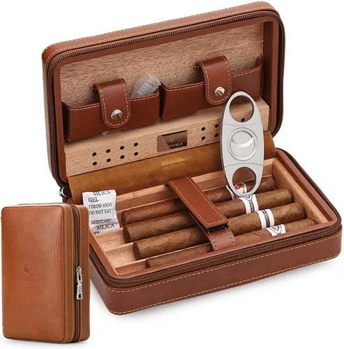 Humidor de puros, estuche de madera de cedro de cuero con encendedor de  puros y cortador de puros, caja de humidor de cigarros portátil de viaje  con