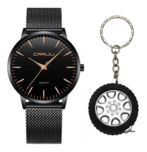 Relógio Ultra Fino Masculino Luxo Preto E Dourado + Chaveiro