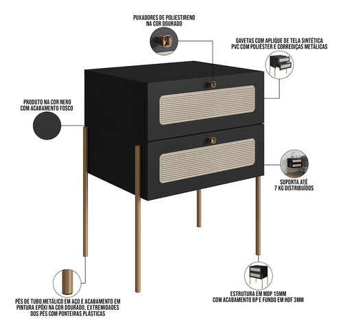 Mesa Cabeceira 2 Gaveta Telinha Industrial Indy Nero Dourado