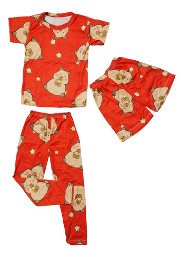 Pijama Infantil Sublimada 3 Pzas Capibara Rojo