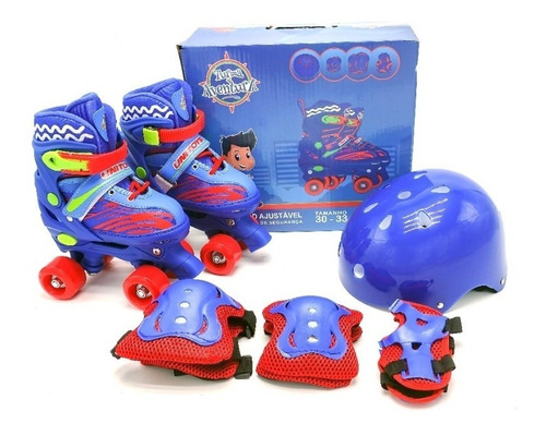 Patins Roller Infantil Ajustável 3 -37 Azul Com Kit Completo