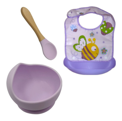 Set Alimentación Bebe Plato  Cuchara Silicona Babero Plastic