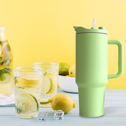 Copo Térmico Inox 1,2l Verde Claro Com Canudo Reutilizavel
