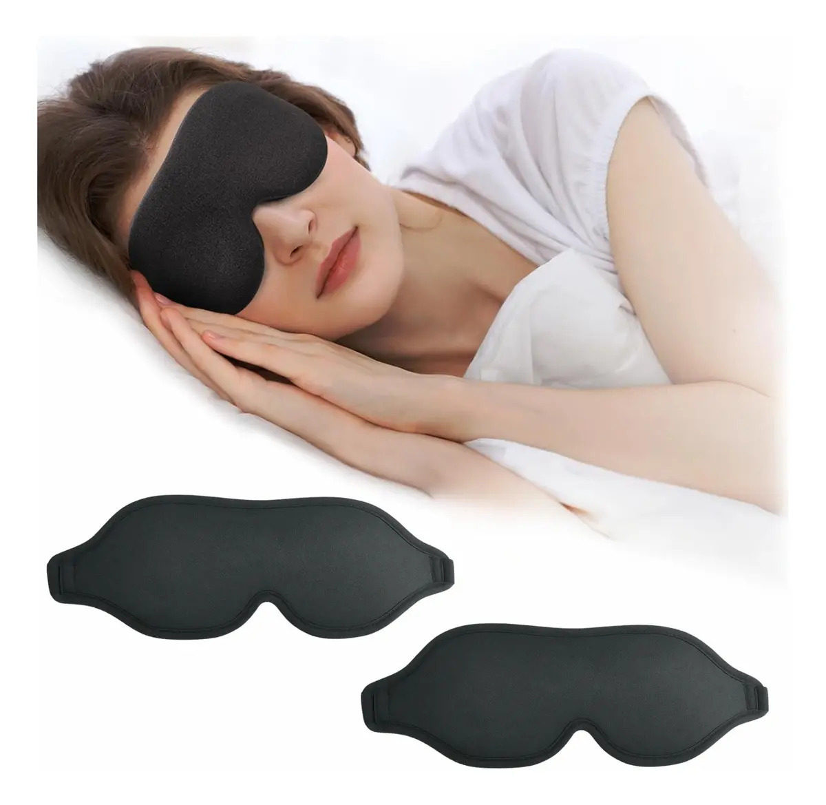 Kit 2 Máscaras de Dormir 3D Seda Espuma Memória Bloqueio Luz Preto