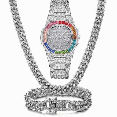 Reloj Iced Out Para Hombre, Collar Y Pulsera, Lujoso, Cubano