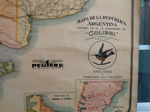Antiguo Gran Mapa Republica Argentina. 1937 Anilinas Colibri