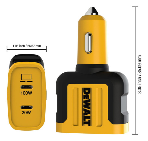 Cargador de coche DeWalt DXMA1410484 USB-C superrápido, negro y amarillo, compatible con Android, iPhone, ordenadores portátiles, MacBook Pro, tabletas