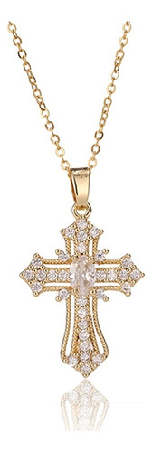 Collar Cruz Dorado Cristales Zirconia Galvanizado En Oro 14k Color Dorado Blanco