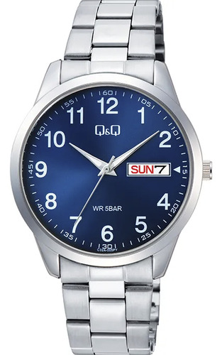 Reloj Q&q Caballero C32a 005py Acero Inoxidable Fechador Correa Plateado Bisel Plateado Fondo Azul Marino
