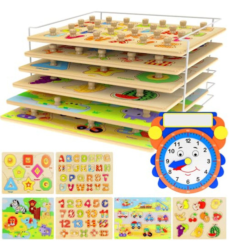 Juego De Rompecabezas Premium Para Niños Pequeños Y Estantes, Paquete De 7, Incluye Reloj De Aprendizaje, Alfabeto, Números, Formas, Animales, Coches, Frutas