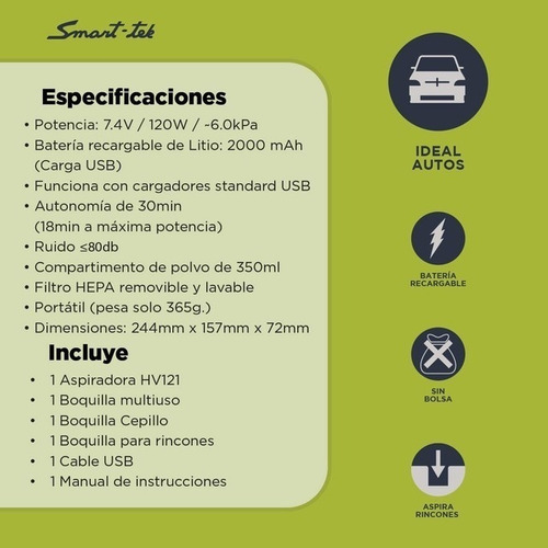 Imagen 7 de 10 de Aspiradora De Mano Inalámbrica Recargable Hv121 Ideal Auto