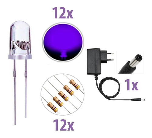 Imagem 1 de 7 de Kit 12x Leds Uv Ultravioleta 5mm + Resistores + Fonte 12v
