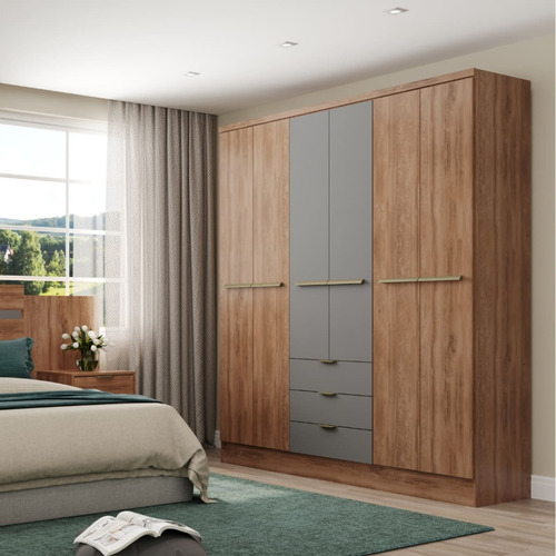 Guarda Roupa Roupeiro Troy Casal Solteiro Armário P/ Quarto Closet Cor Freijó Com Cinza Titânio Ps Móveis