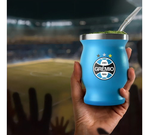 Bomba de acero inoxidable Cuia Grêmio + Chimarrão Mate en caja, soporte para hierbas blancas, taza de primavera de 19 cm