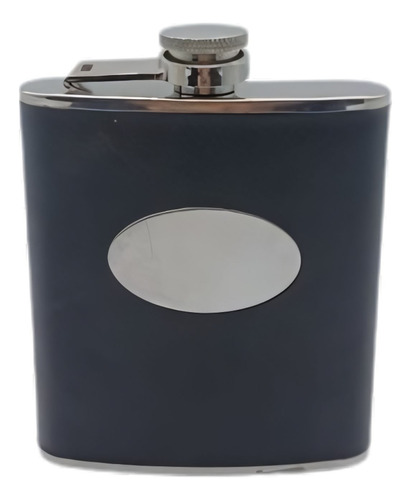 Petaca Acero Inoxidable 6oz - Ecocuero Negro Chapita Grabado Negro Ecocuero - Chapita Para Grabado