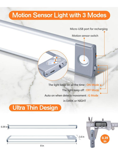 Luz Led Recargable 20cm Con Sensor Armario, Cocina, Escalera