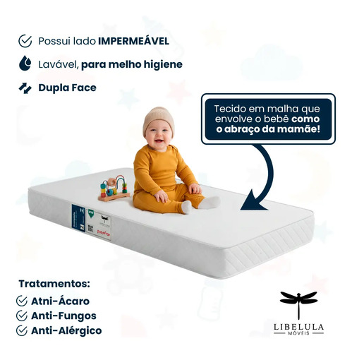 Colchão De Berço Impermeável 130x70x12 Cor Branco - Libélula Moveis
