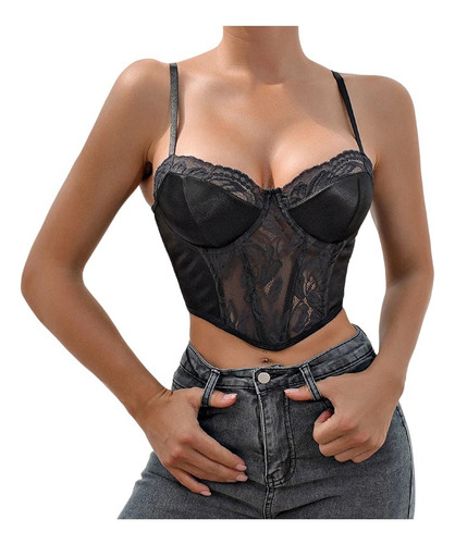 Crop Top Para Mujer Tipo Corset Con Tirante Y Encaje