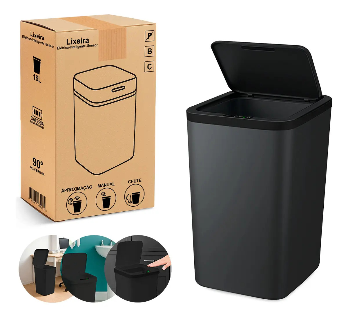 Lixeira Inteligente Com Sensor Automática Banheiro preto Lixeira Automática De 16 Litros Com Sensor Balde Lixo Adequada Para Cozinha E Banheiro