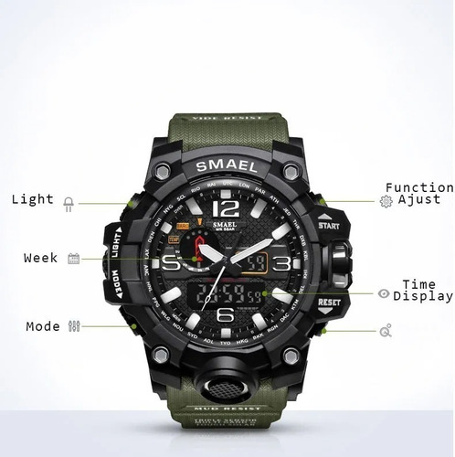 Reloj Hombre Militar Smael S-shock Tactico Alarma Sumergible Color de la correa Negro