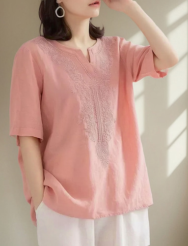 Blusa Bordada De Algodón Y Lino Con Cuello En V Para Mujer