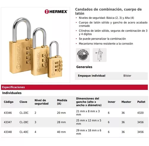 Candado de combinación de disco Hermex 23525 » Distribuidor Truper