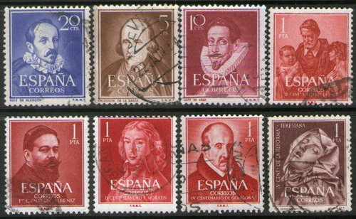 España 8 Sellos Usados Poetas = Escritores = Santos 1950-62